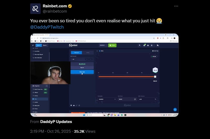 Twitter DaddyPTwitch Improbable Rainbet Dice Win